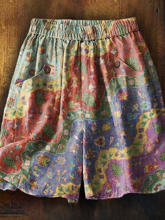 Women's Vintage Bohemian Collage Art Printed Casual Pocket Shorts