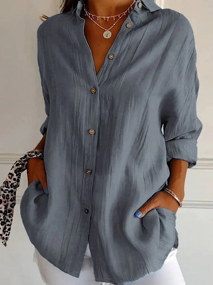 Solid Casual Buttoned Loose V Neck Blouse