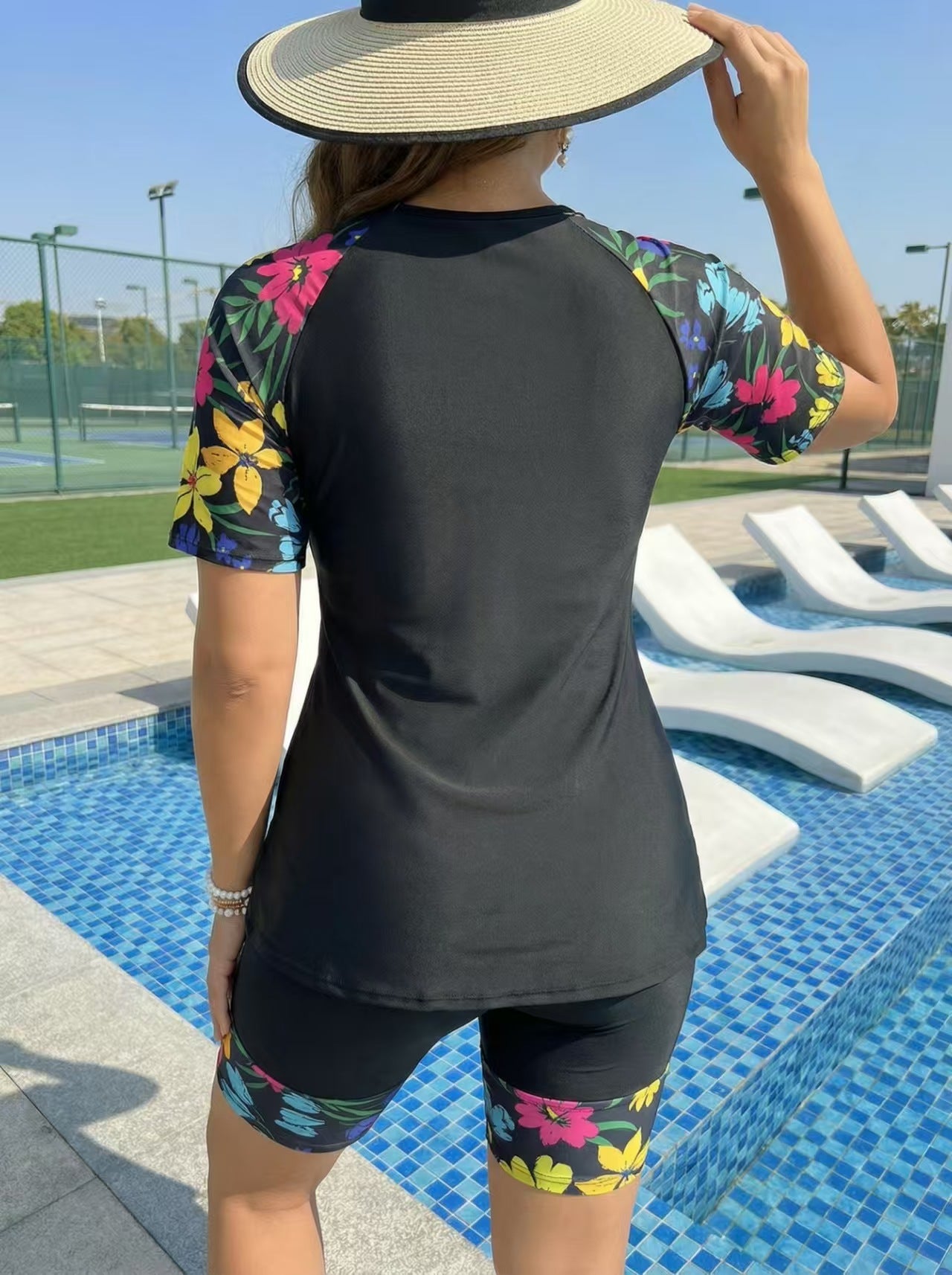 Plus Size Colorful Flower Full Coverage Tankini Tee and Bike Shorts