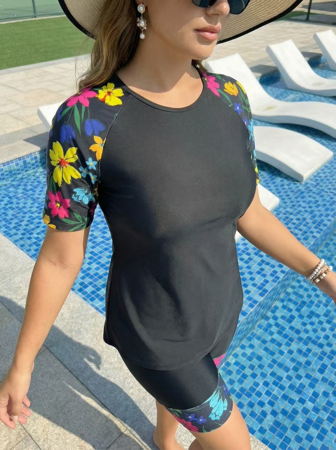Plus Size Colorful Flower Full Coverage Tankini Tee and Bike Shorts