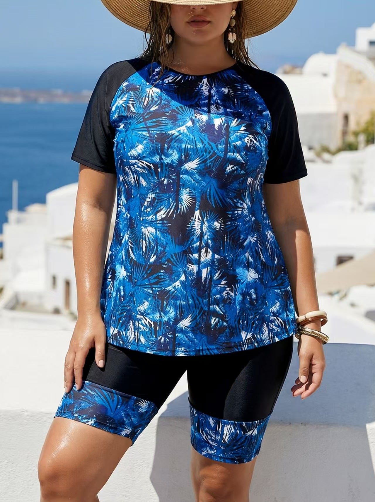 Plus Size Blue Leaf Full Coverage Tankini Tee and Bike Shorts