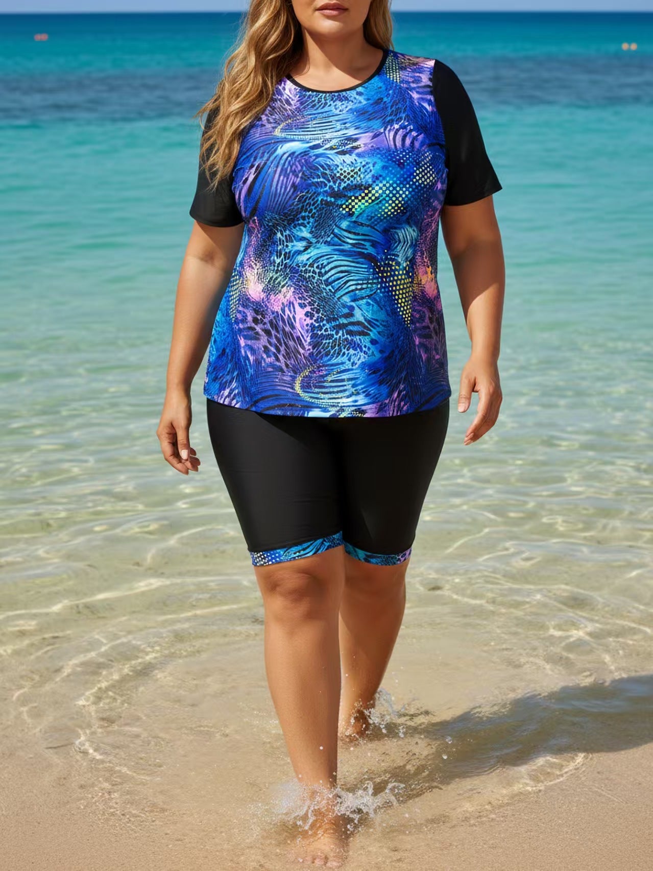 Plus Size Abstract Pattern Full Coverage Tankini Tee and Bike Shorts