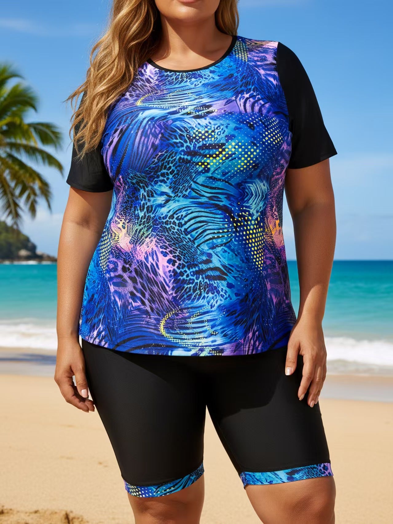 Plus Size Abstract Pattern Full Coverage Tankini Tee and Bike Shorts