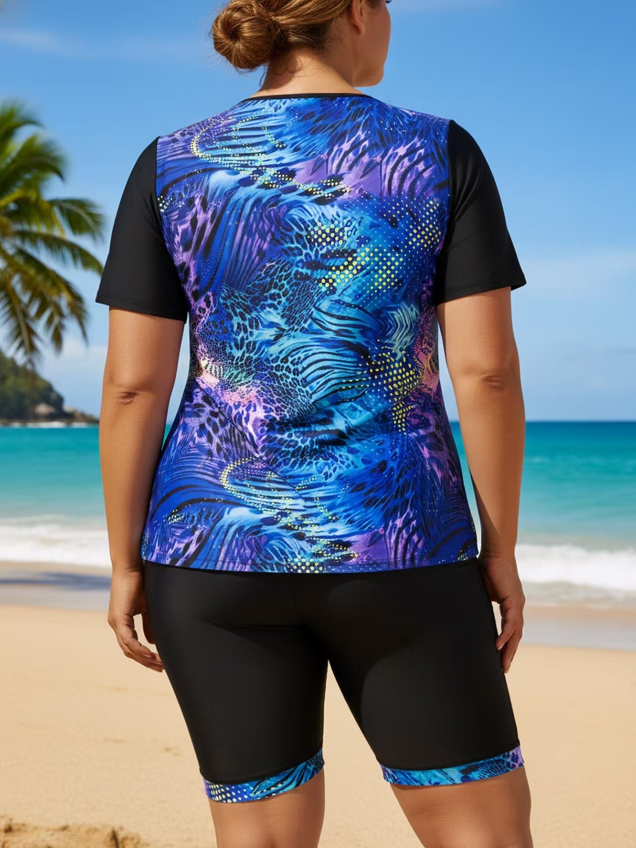 Plus Size Abstract Pattern Full Coverage Tankini Tee and Bike Shorts