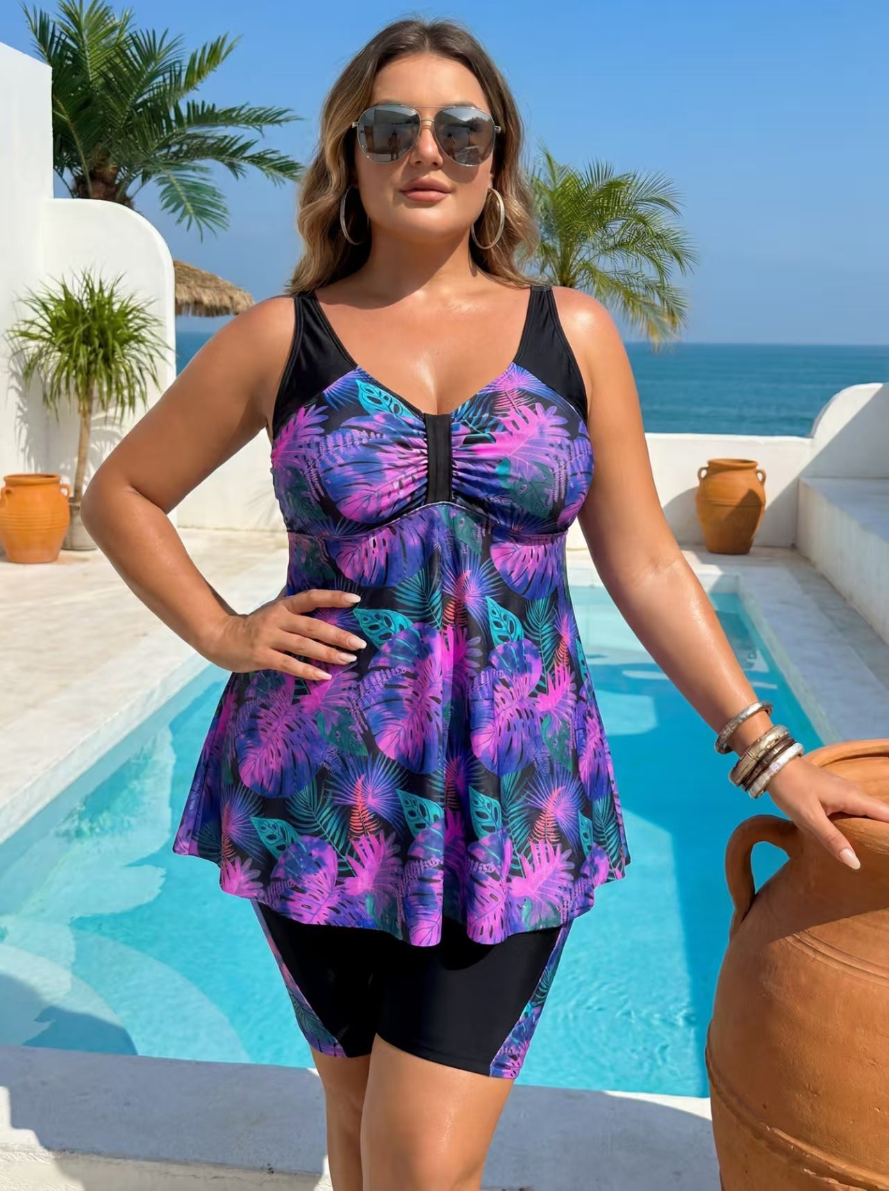 Plus Size Purple Leaf V-Neck Tankini and Bike Shorts