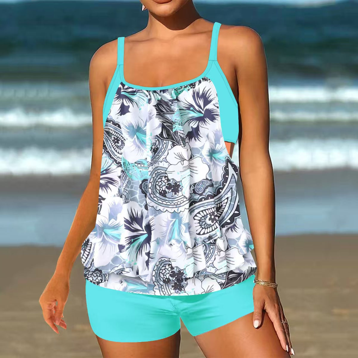 Black & White Abstract Tummy Coverage Adjustable Strap Tankini Top and Shorts
