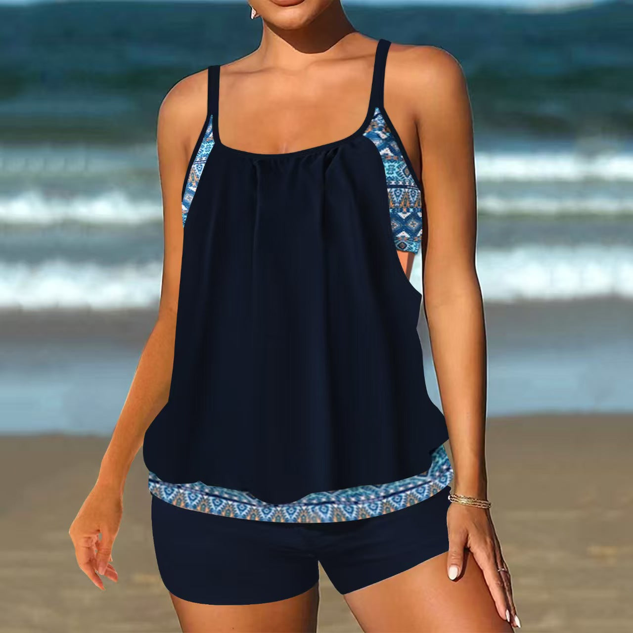 Black & White Abstract Tummy Coverage Adjustable Strap Tankini Top and Shorts