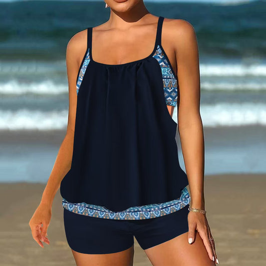 Dark Blue Tummy Coverage Adjustable Strap Tankini Top and Shorts