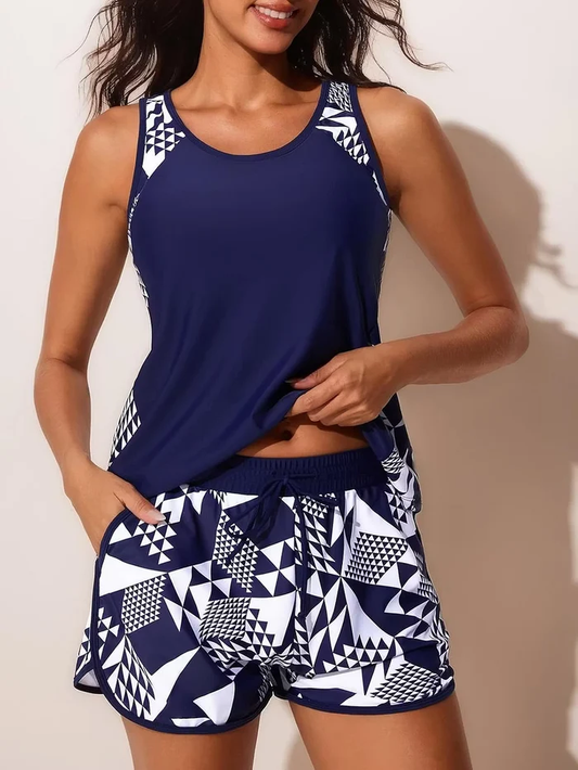 Women's Blouson Tankini Tummy Control Two Piece Swimsuit with Pockets