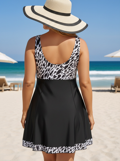 Plus Size White Leopard Pattern V-Neck Knotted A-Line Swim Dress and Bike Shorts