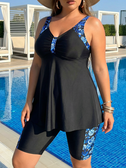 Plus Size Black Side Floral Pattern V-Neck Ruching Swim Dress and Bike Shorts