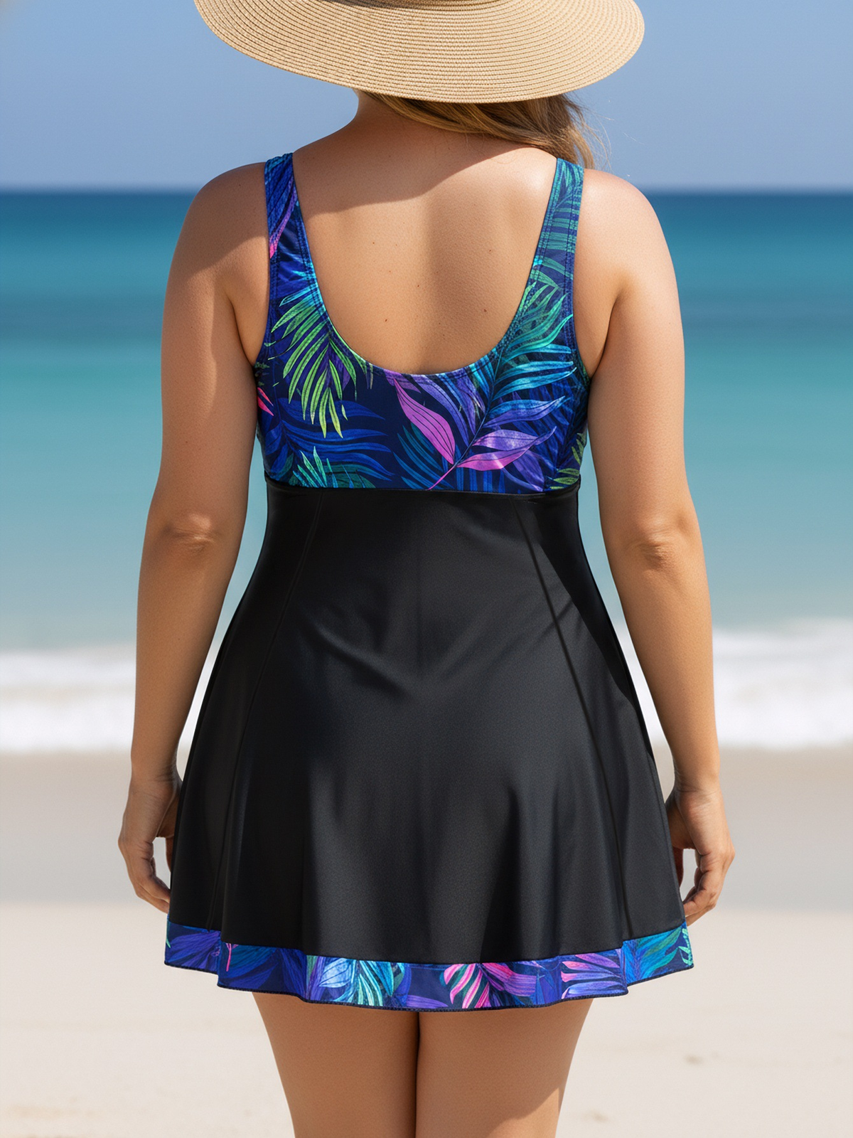 Plus Size Blue Leaf Pattern V-Neck Knotted A-Line Swim Dress and Bike Shorts