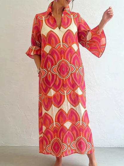 Bold Geometric Print Bell Sleeve Maxi Dress