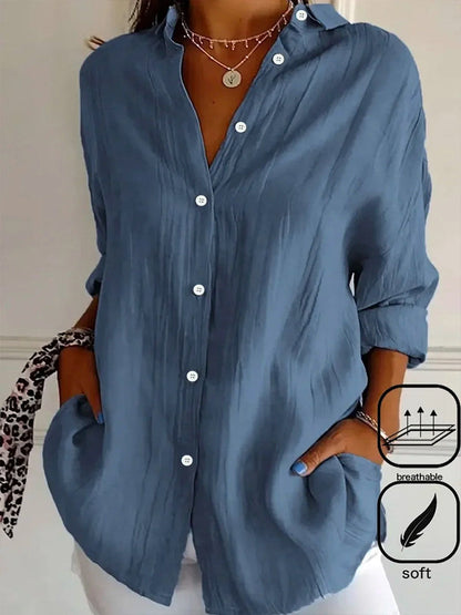 Solid Casual Buttoned Loose V Neck Blouse