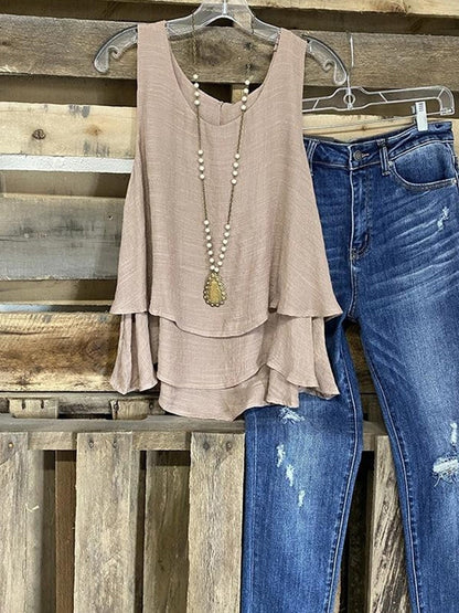 Women's Sleeveless Layered Ruffle Hem Flowy Summer Top