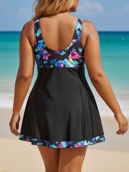Plus Size Blue Geometric Pattern V-Neck Knotted A-Line Swim Dress and Bike Shorts