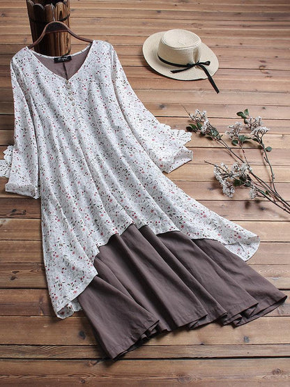 Vintage Patchwork Print V-Neck Maxi Dress with Pockets