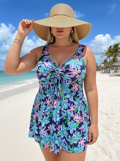 Plus Size Blue Floral Pattern V-Neck Knotted Swim Dress and Bike Shorts
