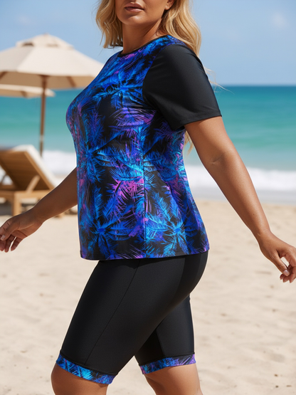 Plus Size Blue Coconut Tree Pattern Short-Sleeve Tankini Top and Bike Shorts