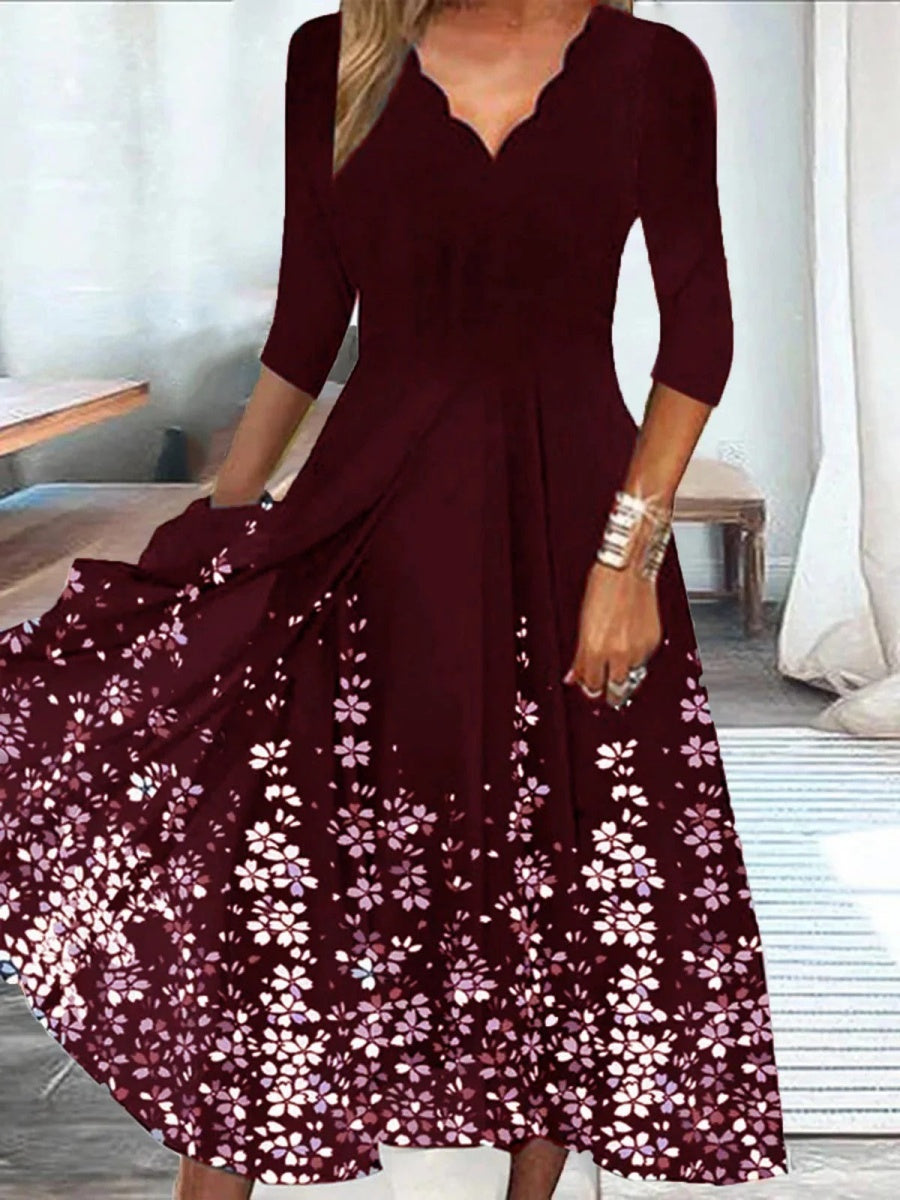 Women's Scalloped V-Neck 3/4 Sleeve Floral Print Midi Dress