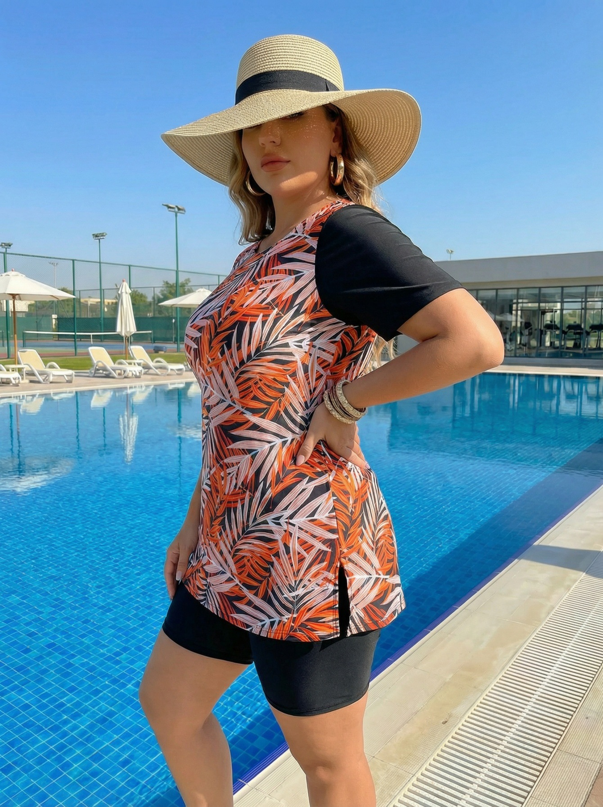Plus Size Red Leaf Pattern Short-Sleeve Tankini Top and Bike Shorts