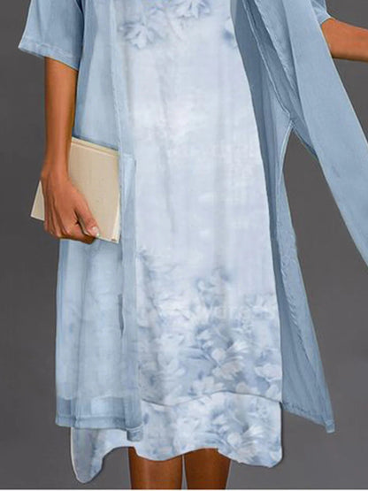Women's Floral Print Midi Dress with Sheer Long Cardigan Set