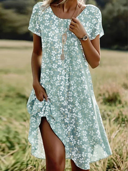 Casual Crew Neck Floral Print Short Sleeve Dress
