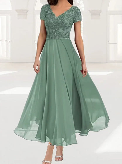 Elegant Plain Lace V-neck Short Sleeve Comfy Dress