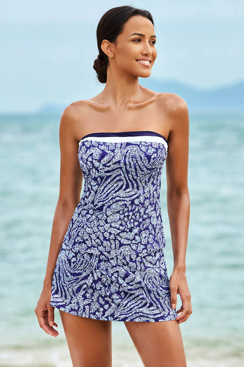 Blue Strapless Tankini With Skirt