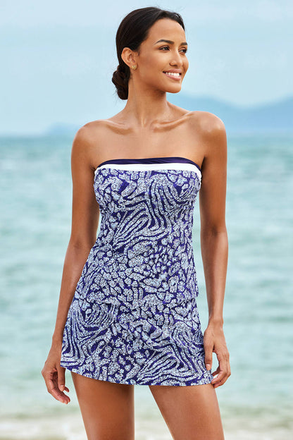 Blue Strapless Tankini With Skirt
