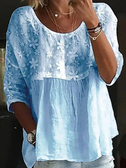Women's White Floral Embroidered Patchwork Loose Blouse