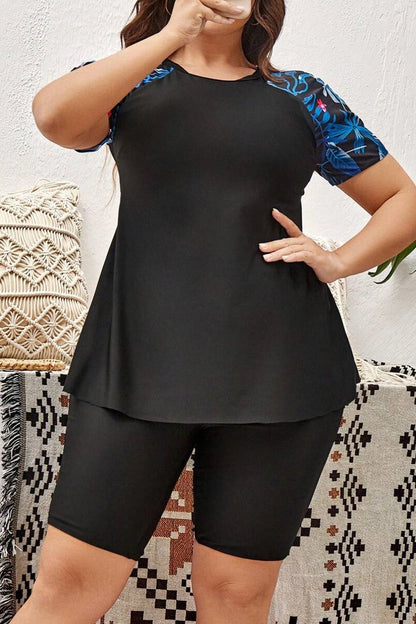 Black Swim SPRTY Plus Tropical Print Raglan Sleeve Bikini Swimsuit With Short Sleeve
