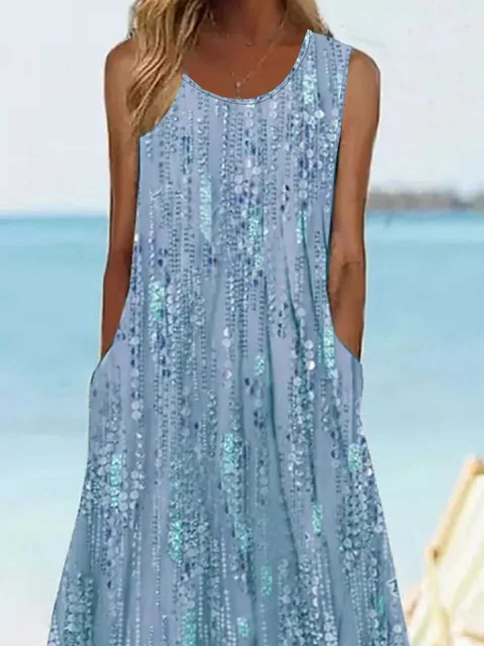 Women's Sleeveless Blue Floral Print Casual Maxi Dress with Pockets