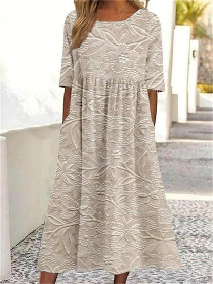 Floral Print Crew Neck Half Sleeve Comfy Vintage Maxi Dress