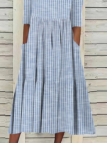 Women's Striped Half Sleeve Loose Fit Midi Dress with Pockets