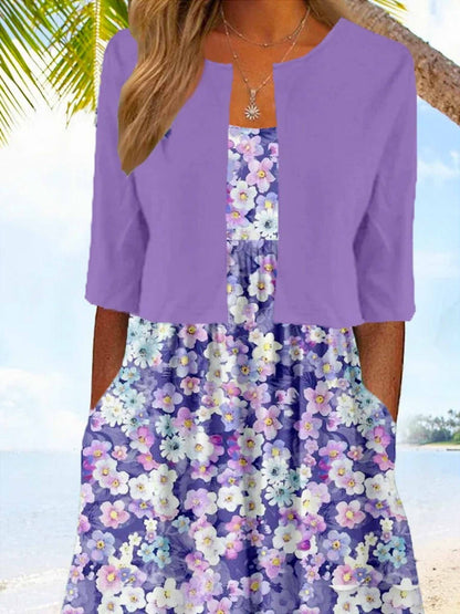Women's Floral Midi Dress with Cropped Jacket Casual Elegant Two-Piece Set