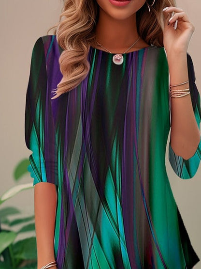 Women's Abstract Print Long Sleeve Round Neck Loose Casual Blouse