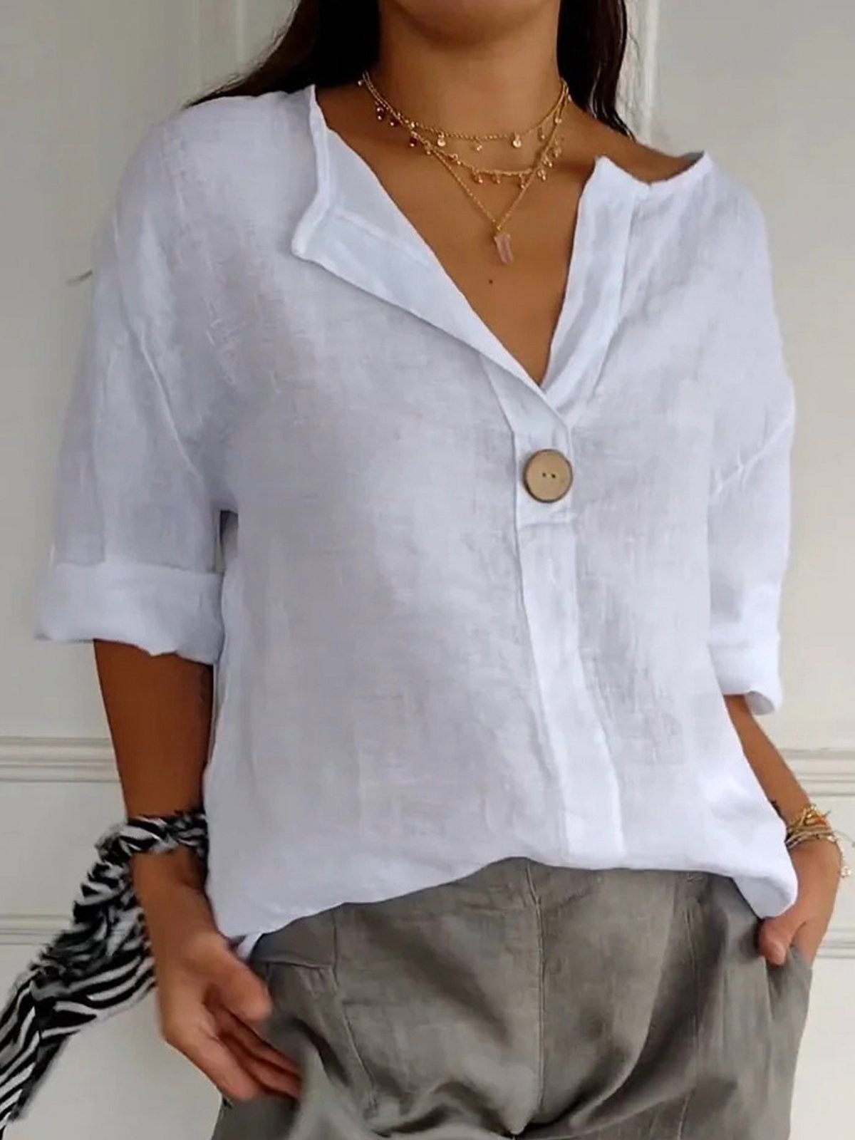 Women's Cotton Loose Fit 3/4 Sleeve Single Button Blouse