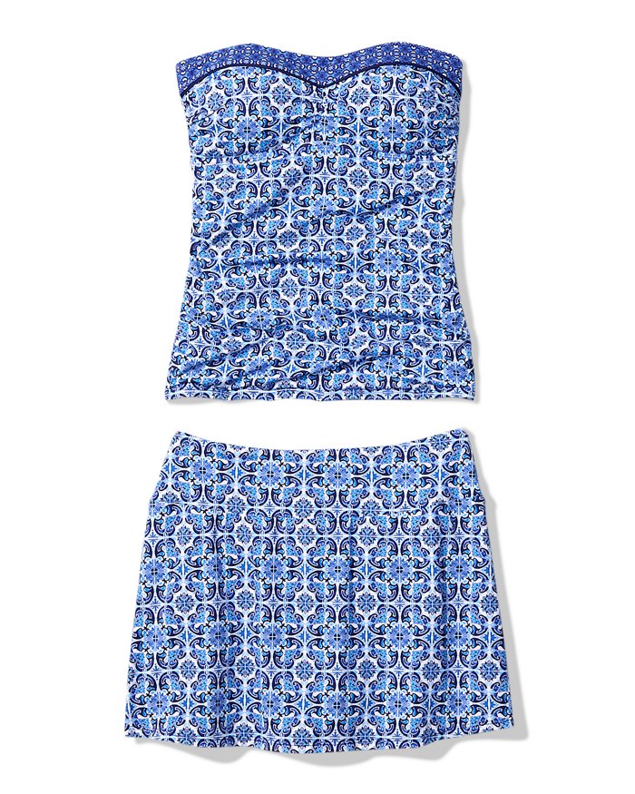 Blue Floral Strapless Low Back Tankini With Skirt