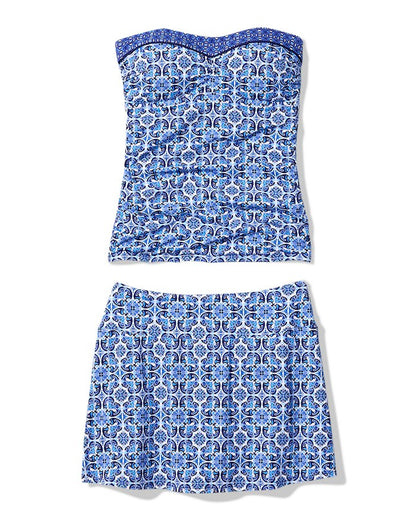 Blue Floral Strapless Low Back Tankini With Skirt