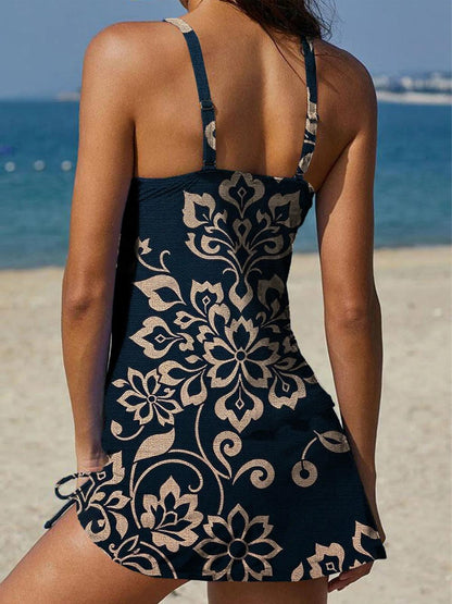 Retro Flower Print Pleated Drawstring V Neck Two Piece Tankini