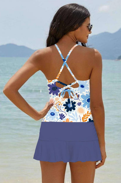 Blue Floral High Neck Cross-back Tankini Set With Skirt