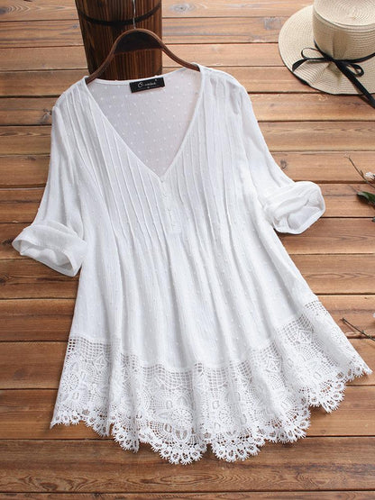 Jacquard Pleated Lace Hollow Out V-neck Plus Size Blouse