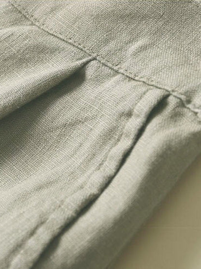 Solid Pockets Elastic Cotton Casual Straight Pants