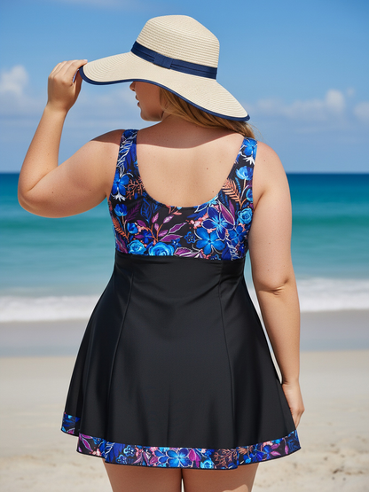 Plus Size Blue Floral Pattern V-Neck Knotted A-Line Swim Dress and Bike Shorts