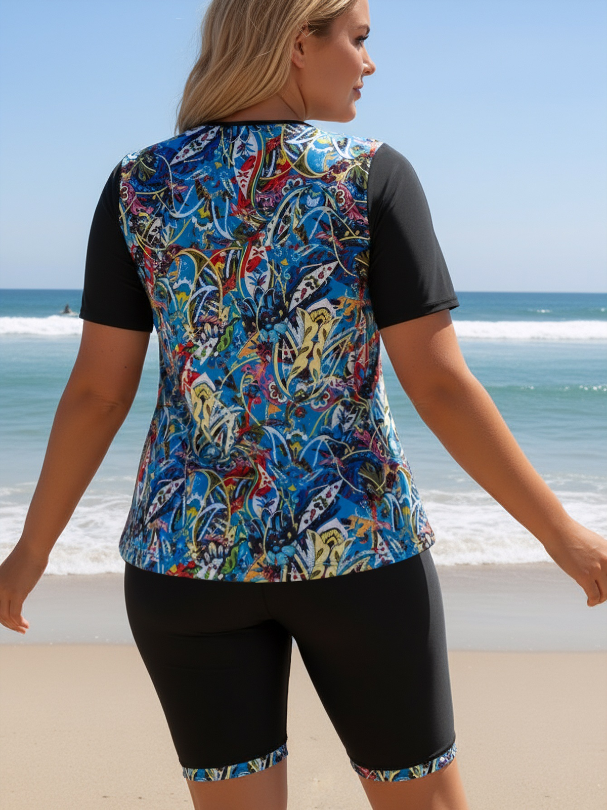 Plus Size Colorful Abstract Pattern Short-Sleeve Tankini Top and Bike Shorts