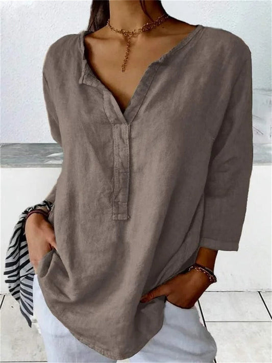 Loose Plain V Neck 3/4 Sleeve  Blouse