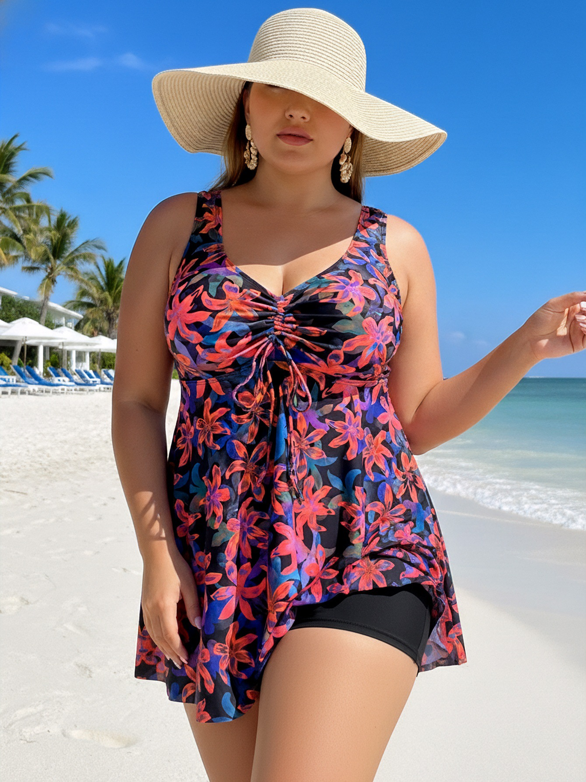 Plus Size Red Floral Pattern V-Neck Knotted Swim Dress and Bike Shorts