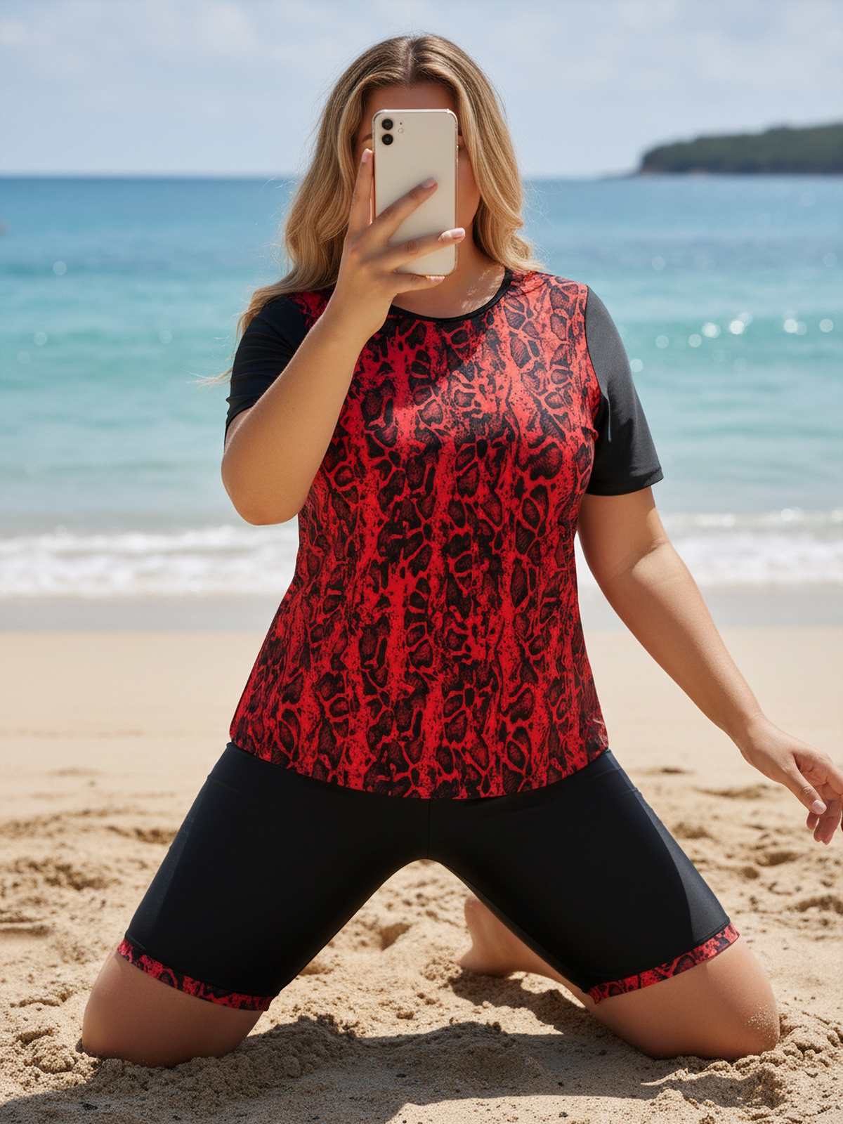 Plus Size Red Animal Pattern Short-Sleeve Tankini Top and Bike Shorts