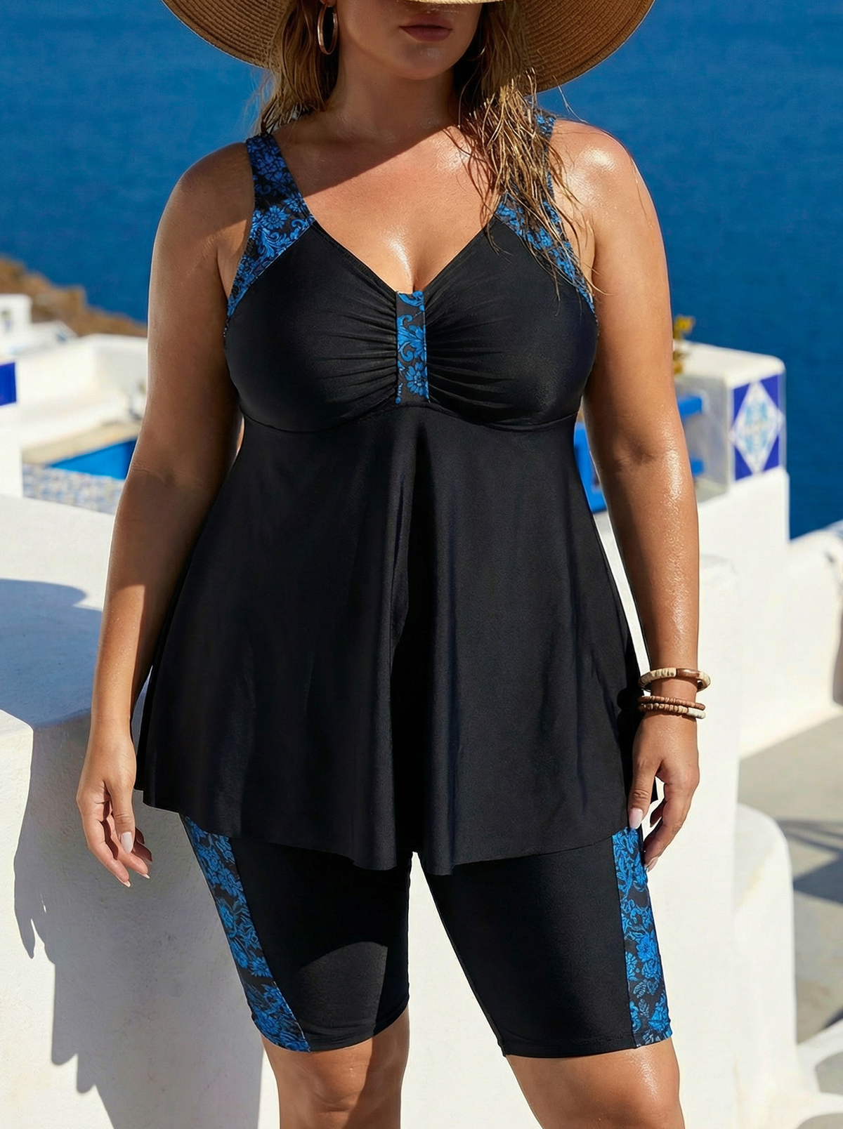 Plus Size Black Side Floral Pattern V-Neck Ruching Swim Dress and Bike Shorts